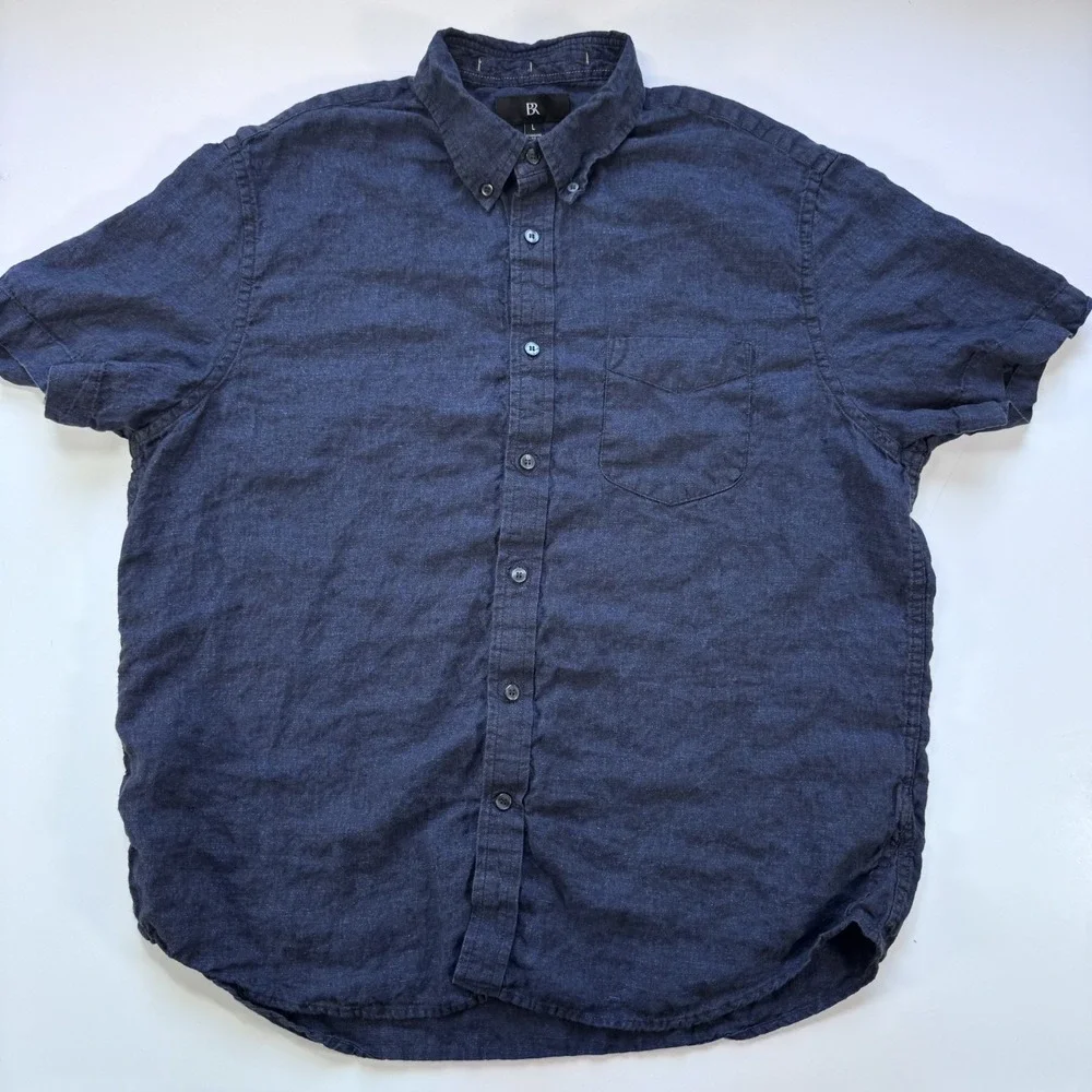 BANANA REPUBLIC 100% Linen Short Sleeve Button Down Shirt Mens Large Blue